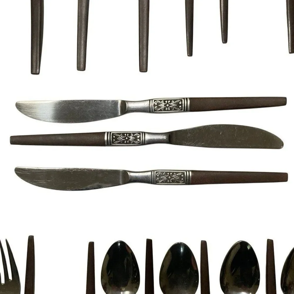 MCM INTERPUR Bar Harbor‎ Stainless Steel Faux Wood Scroll Japan Flatware 68 PCS